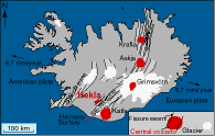 Simple volcanological map of Iceland showing Iceland's active volcanic rift-zones, related fissure systems and some important volcanoes.